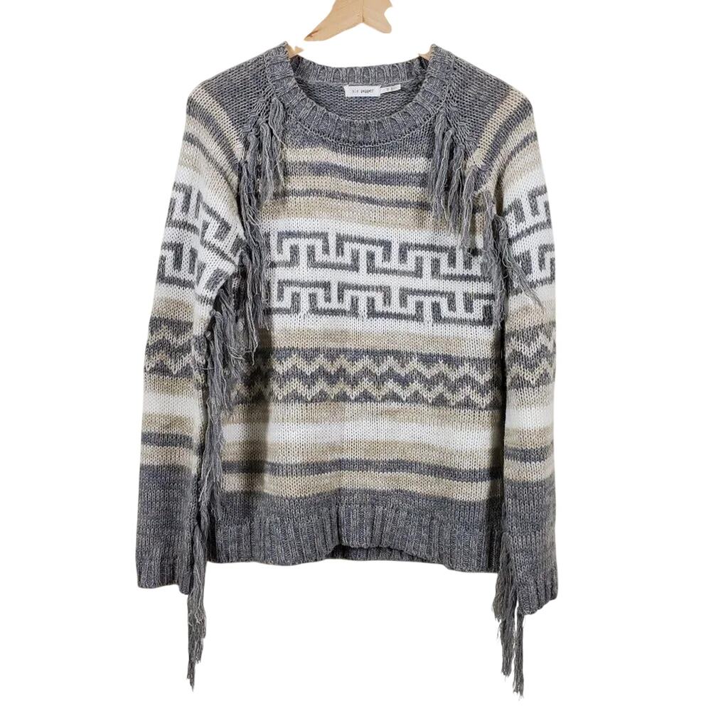 Blu Pepper Aztec Sweater Womens Size M White Gray Tan Fringe Boho Long Sleeve